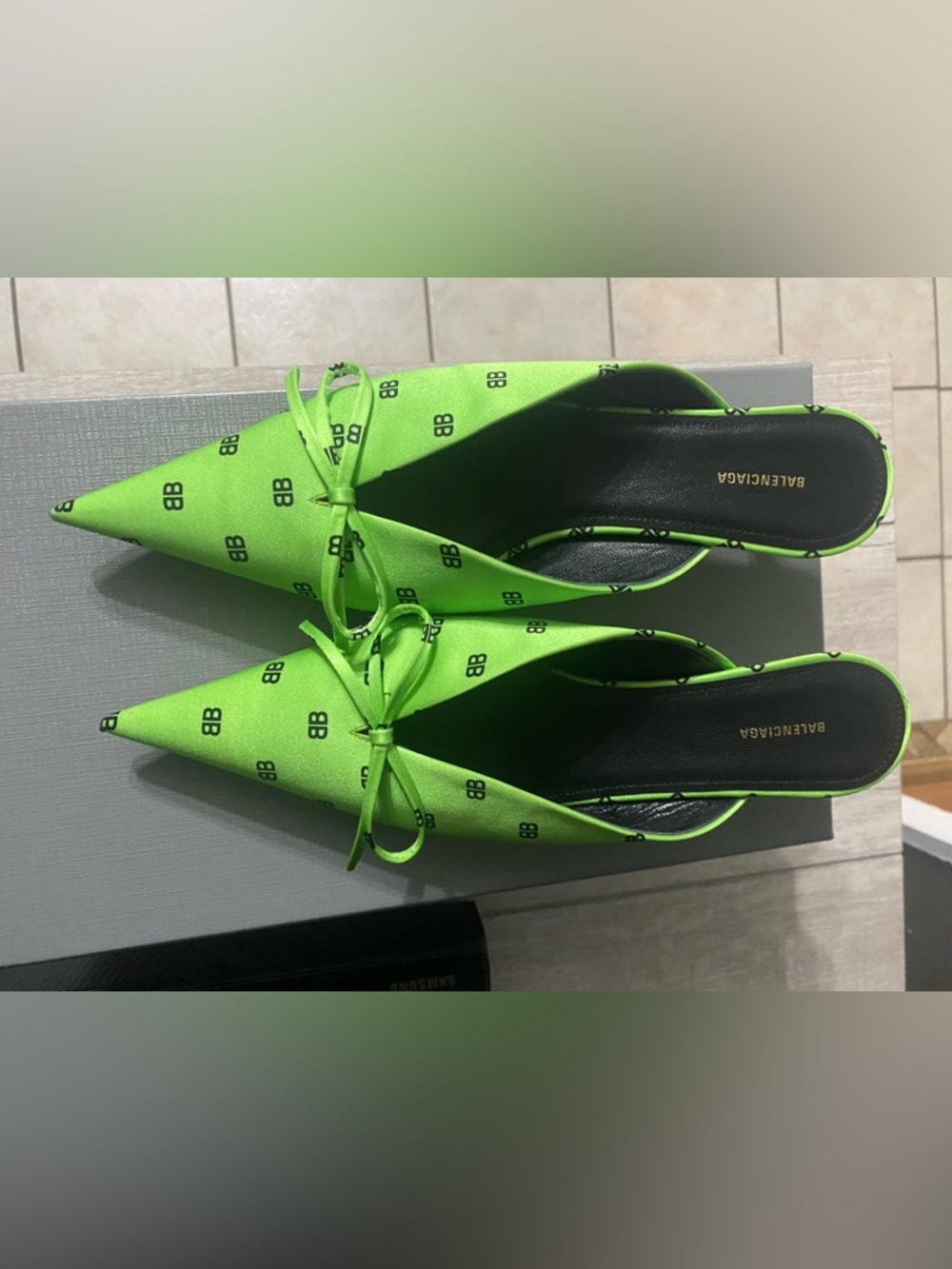 Balenciaga Neon Lime BB Logo Pointed Mules